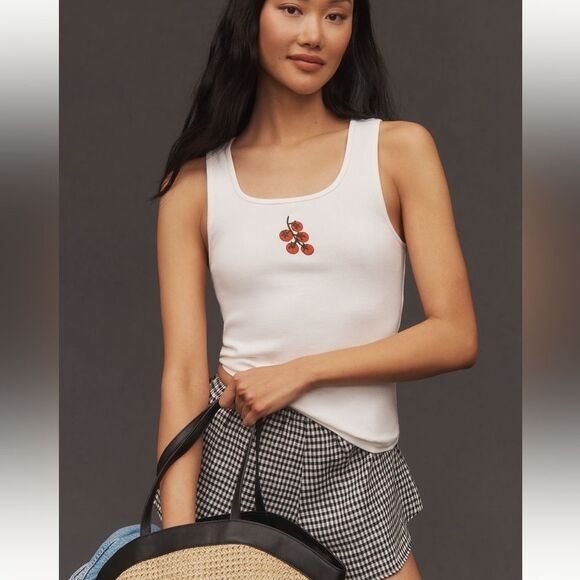 Maeve x Anthropologie Embroidered Icon Tank Top-Cherry Tomatoes NWOT - Picture 2 of 9